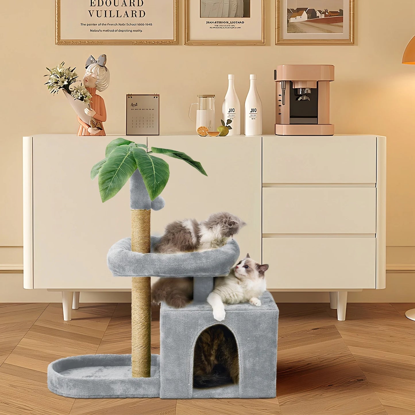 31.5" Cat Tree Cat Tower for Indoor Cats with Green Leaves, Cat Condo Cozy Plush Cat House with Hang Ball and Leaf Shape Design, Cat Furniture Pet House with Cat Scratching Posts,Grey