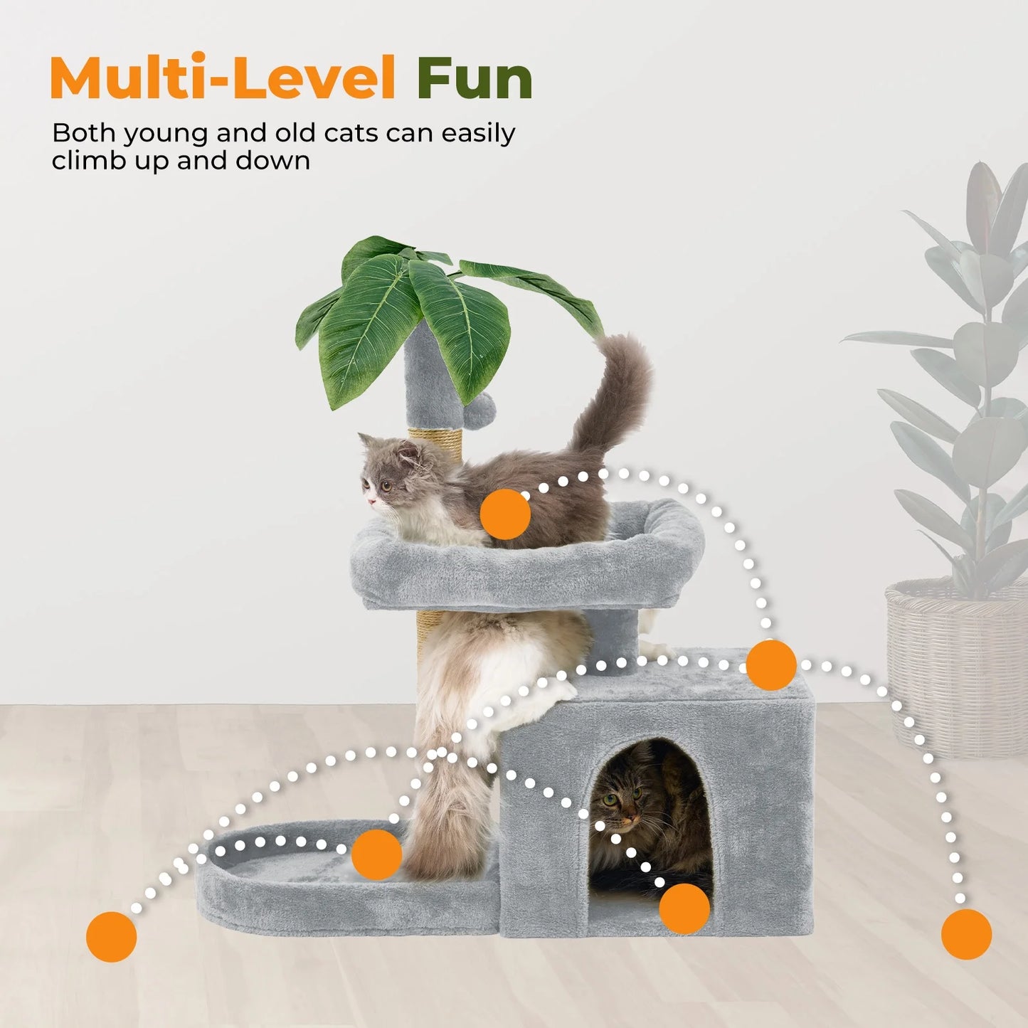 31.5" Cat Tree Cat Tower for Indoor Cats with Green Leaves, Cat Condo Cozy Plush Cat House with Hang Ball and Leaf Shape Design, Cat Furniture Pet House with Cat Scratching Posts,Grey