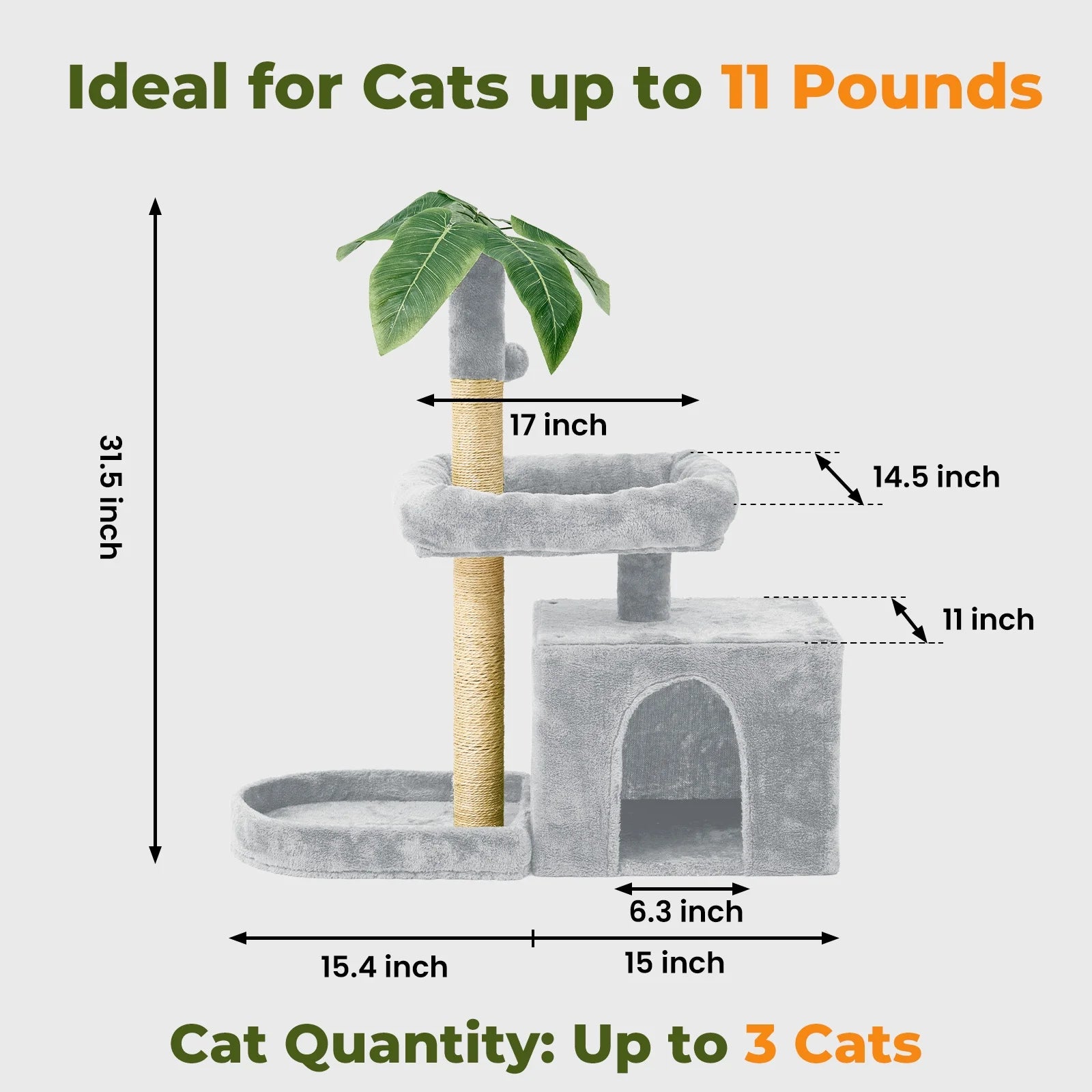 31.5" Cat Tree Cat Tower for Indoor Cats with Green Leaves, Cat Condo Cozy Plush Cat House with Hang Ball and Leaf Shape Design, Cat Furniture Pet House with Cat Scratching Posts,Grey