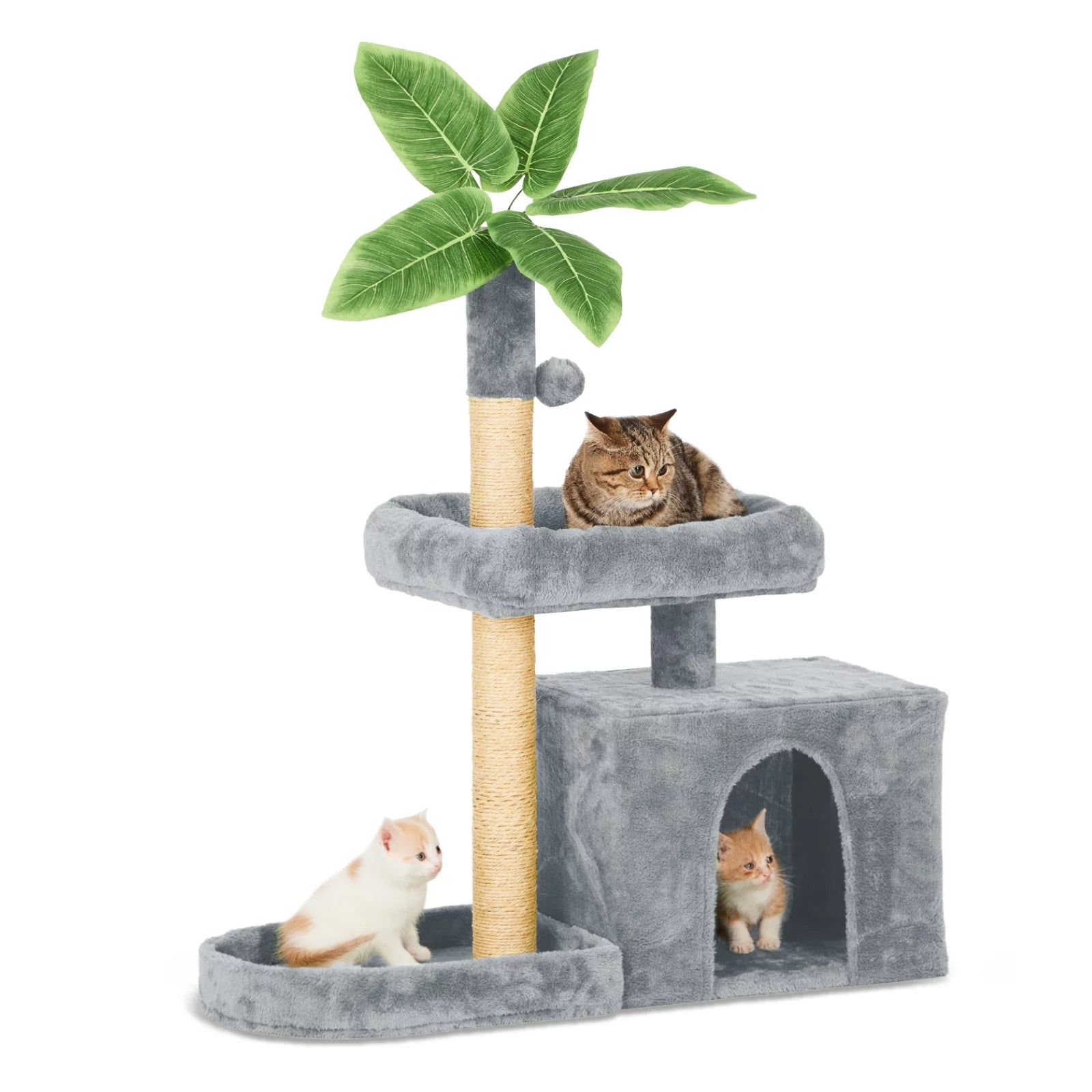 31.5" Cat Tree Cat Tower for Indoor Cats with Green Leaves, Cat Condo Cozy Plush Cat House with Hang Ball and Leaf Shape Design, Cat Furniture Pet House with Cat Scratching Posts,Grey