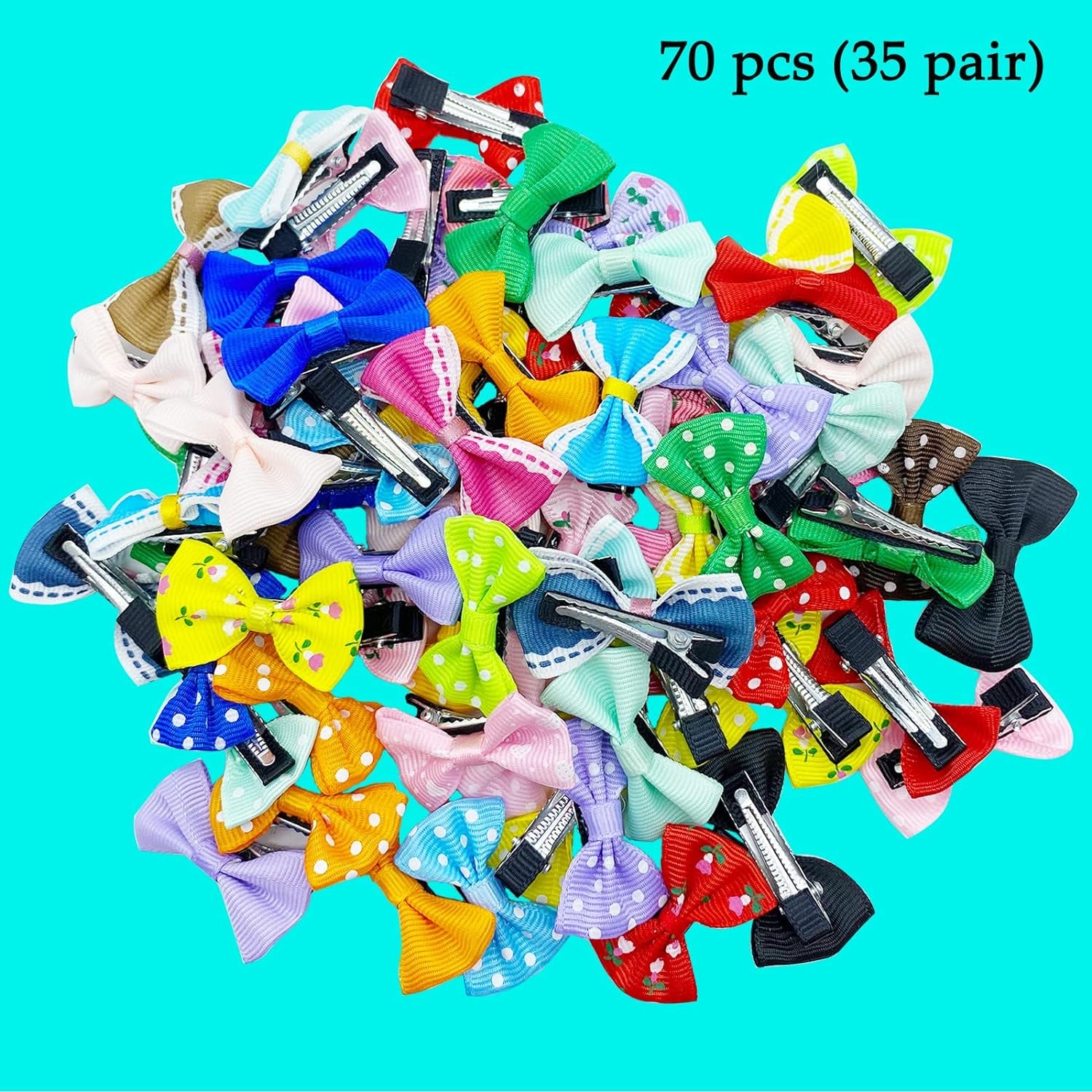 Dog Bows 70 Pcs/35 Pairs Metal Clips Puppy Yorkie Small Dog Bowknot Hair Bows/Handmade Cute Patterns Topknot Bows for Pet Grooming Hair Accessories(70 Pcs Metal Clips)